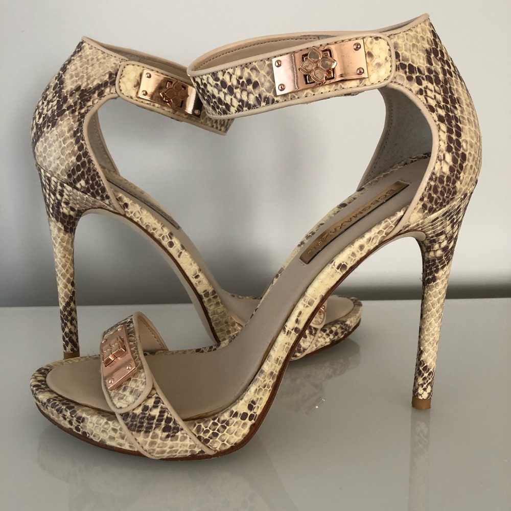 BCBGMAXAZRIA Ankle Strap Snakeskin heeled sandal